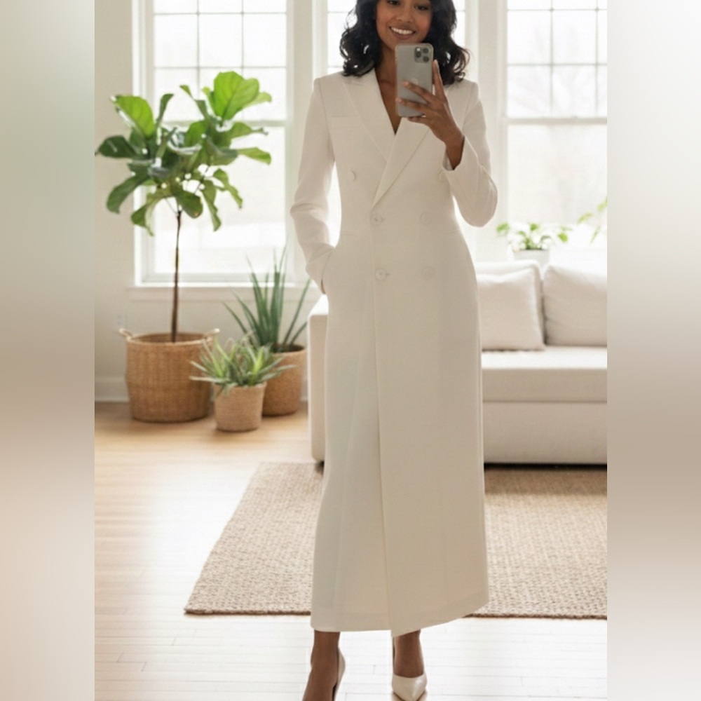 NEW $128 Ellenor Long Elegant Cream Double-Breasted Long Blazer - Picture 4 of 6